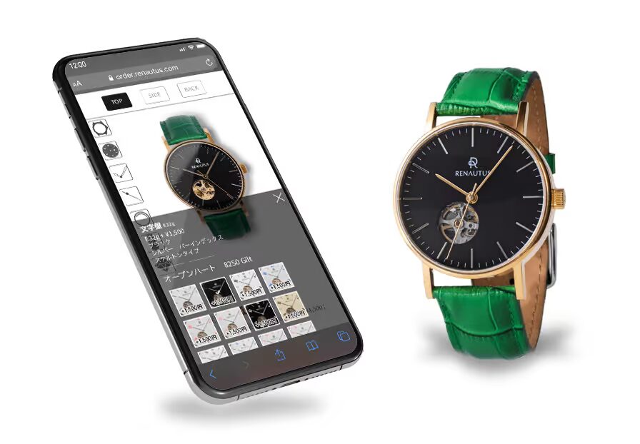 カスタマイズシミュレーションをしているスマートフォンとカスタマイズされた腕時計